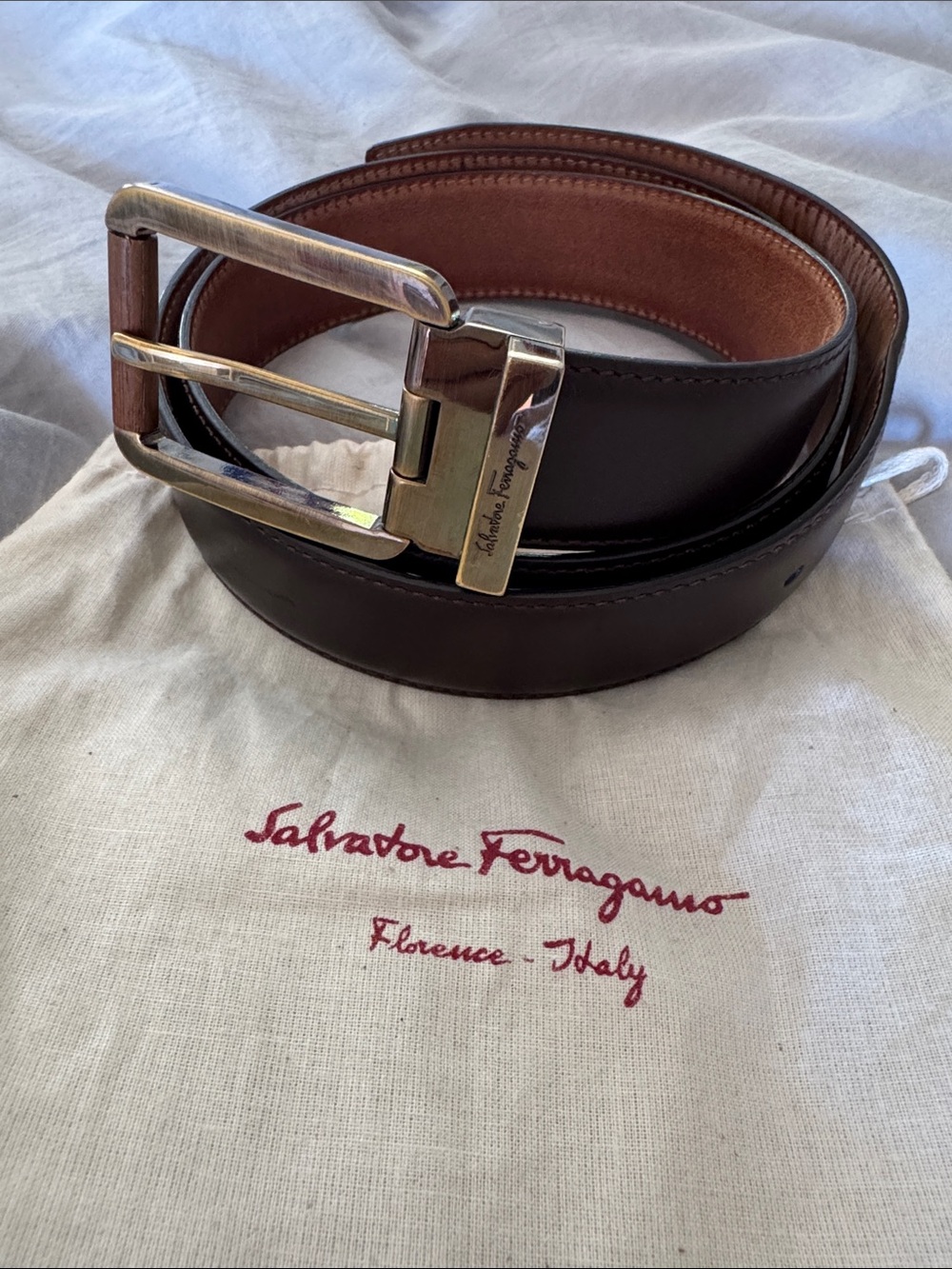 Salvatore Ferragamo Brown Leather Belt with Silver Buckle